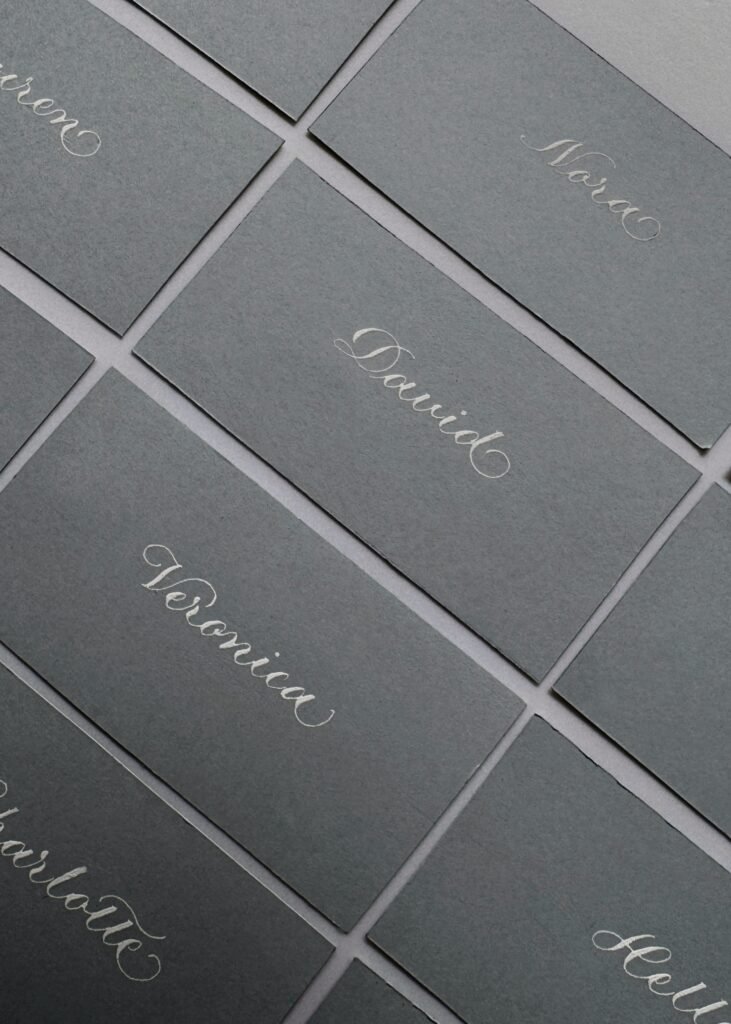 White & Gray Calligraphy Place Cards