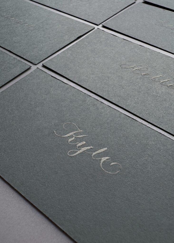 White & Gray Calligraphy Place Cards Closed up